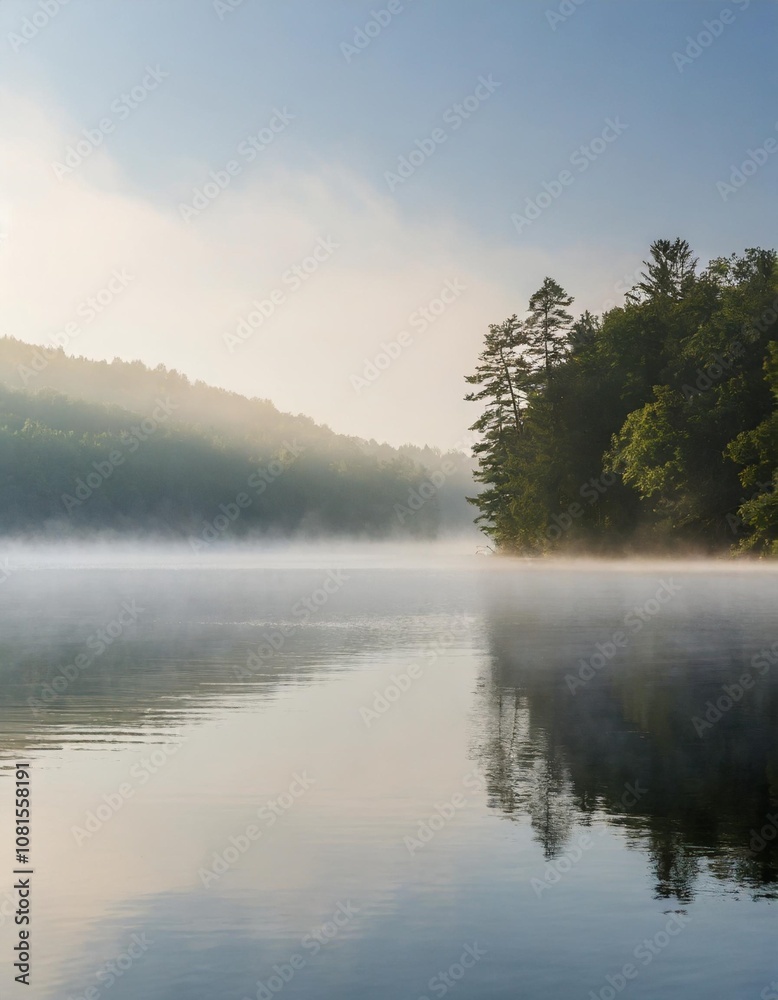 Misty Morning on a Tranquil Lake With Rolling Fog Hovering Over the Water and a Distant Forest Just Visible Through the Hazy Light of Dawn Misty Morning on a Tranquil Lake With Rolling Fog Hovering Over the Water and a Distant Forest Just Visible Through the Hazy Light of Dawn