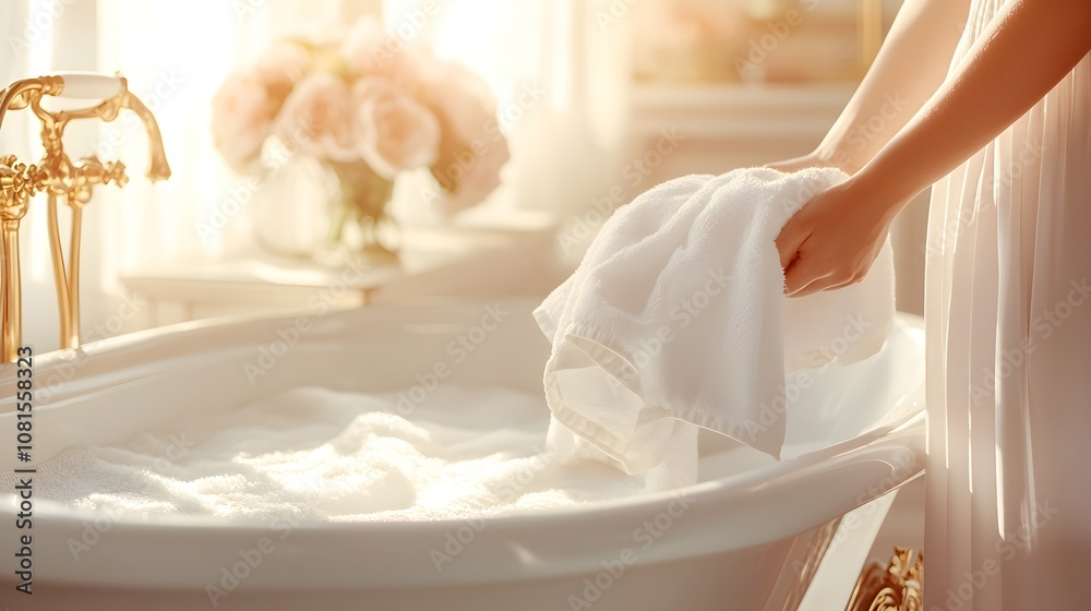 Plus-size woman washing a towel in a vintage bathtub, warm sunlight streaming through the window, soft pastel colors, serene and peaceful atmosphere Plus-size woman washing a towel in a vintage bathtub, warm sunlight streaming through the window, soft pastel colors, serene and peaceful atmosphere