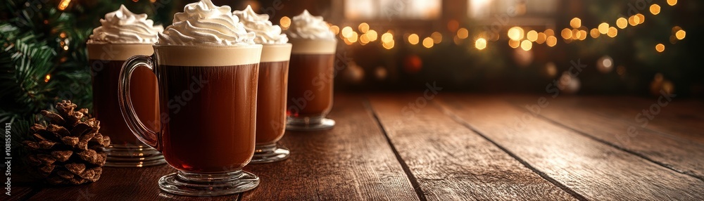 Festive Irish Coffee on Rustic Wooden Table with Christmas Lights and Pinecones Festive Irish Coffee on Rustic Wooden Table with Christmas Lights and Pinecones