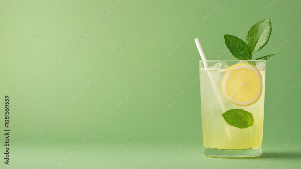 Refreshing Gin and Tonic Drink with Lemon Slice and Mint Leaves on Green Background Refreshing Gin and Tonic Drink with Lemon Slice and Mint Leaves on Green Background