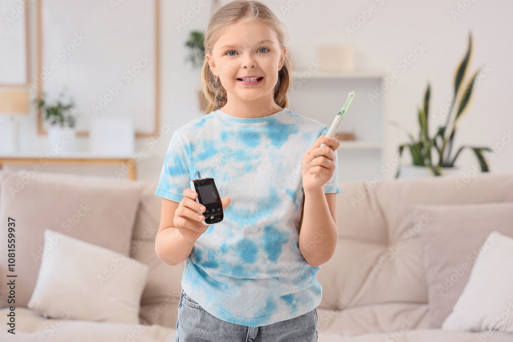 Diabetic girl with glucometer and lancet pen at home Diabetic girl with glucometer and lancet pen at home