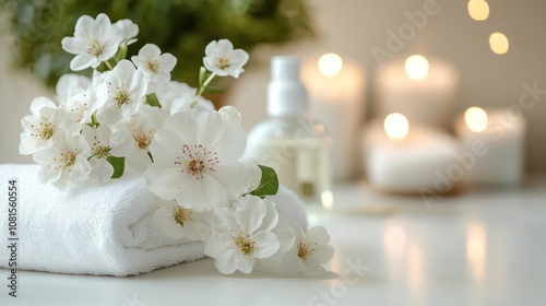 White towel, white flowers, a bottle of oil, and candles on a white table.