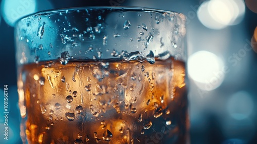 Close-up of refreshing cold beverage with ice cubes in glass photo