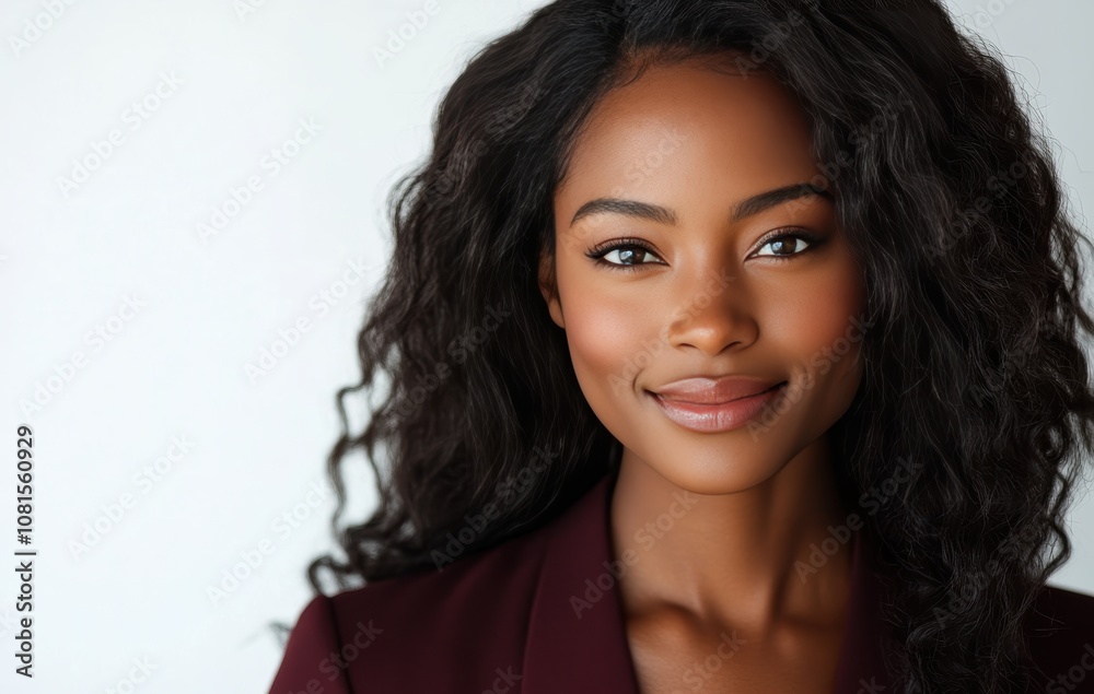 Naklejka premium A smiling african woman in a dark business attire, exuding confidence against a white backdrop.