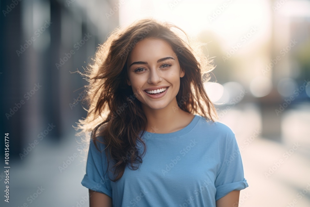 soft features long hair, smiles gently woman while wearing blue shirt against simple plain background. Her relaxed posture calm expression convey sense of ease natural beauty. soft features long hair, smiles gently woman while wearing blue shirt against simple plain background. Her relaxed posture calm expression convey sense of ease natural beauty.