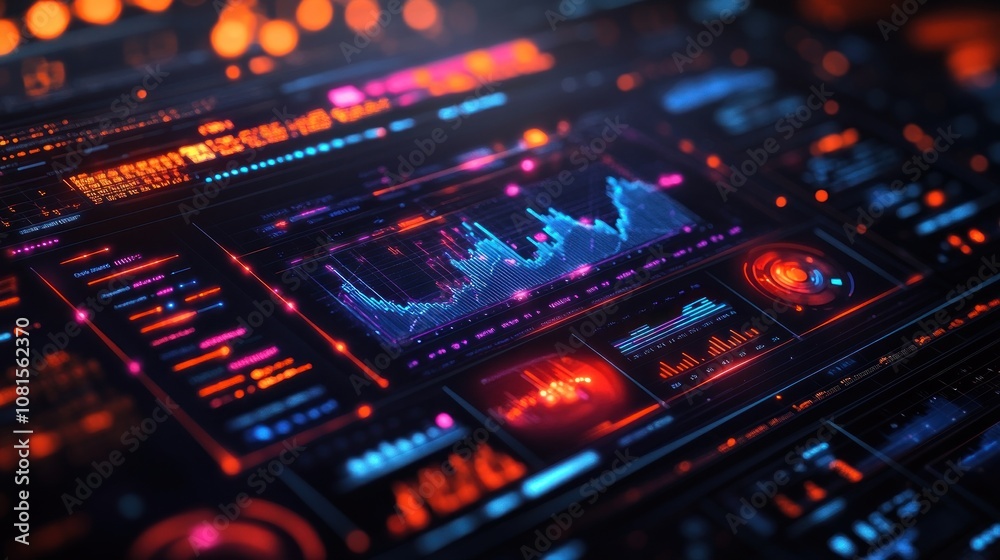 A futuristic digital dashboard with glowing neon colors displays a variety of charts and data, representing technology, analytics, and innovation. A futuristic digital dashboard with glowing neon colors displays a variety of charts and data, representing technology, analytics, and innovation.