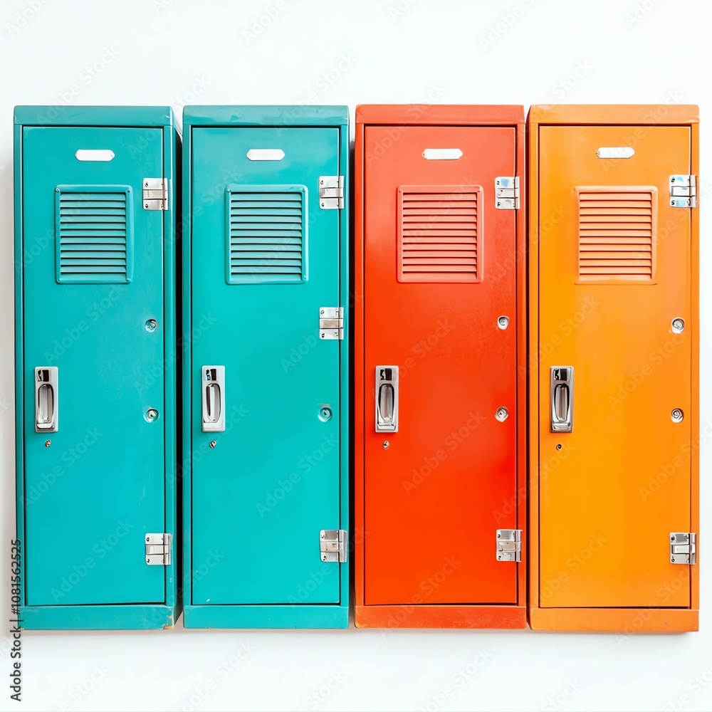 Colorful lockers arranged neatly against a white wall, showcasing vibrant hues. Colorful lockers arranged neatly against a white wall, showcasing vibrant hues.