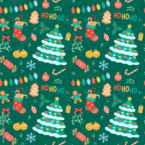 Christmas seamless pattern vector illustration. Cute colorful festive Xmas background with simple holiday elements, ornaments, Christmas tree, decorations, holly and mistletoe. Flat and doodles