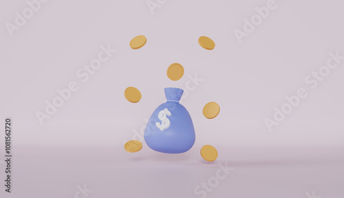 Financial investment or savings, money bag with white dollar sign and pies of gold coins flying concept of business photo