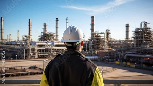 Engineer wearing a hardhat is observing an oil refinery plant at sunset. The plant is complex and sprawling, with many pipes and towers