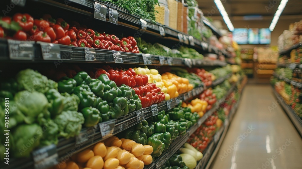 A well-stocked produce aisle in a grocery store with fresh vegetables and peppers. A well-stocked produce aisle in a grocery store with fresh vegetables and peppers.