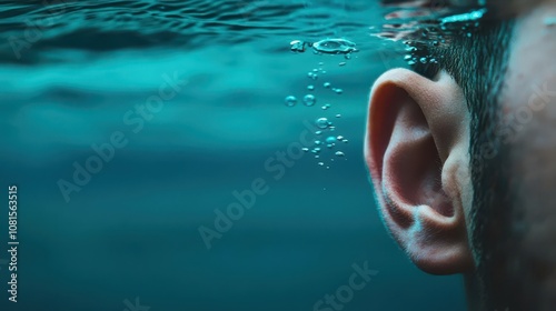 Ear submerged underwater with bubbles and muffled sound vibes bluegreen tones gentle ripples cinematic detail