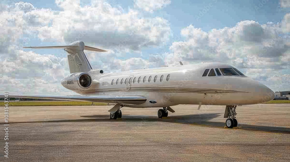 A white private jet parked on the tarmac, with a blue sky and puffy clouds in the background. A white private jet parked on the tarmac, with a blue sky and puffy clouds in the background.