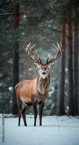 A serene winter forest scene with a reindeer standing in the snow, creating a magical background for mobile screens