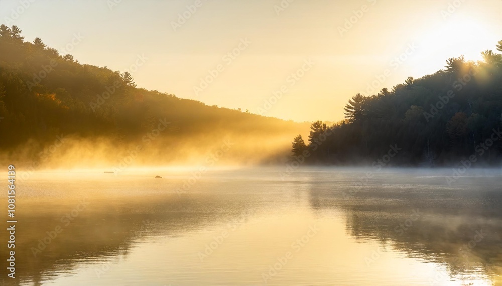 Misty Morning on a Tranquil Lake With Rolling Fog Hovering Over the Water and a Distant Forest Just Visible Through the Hazy Light of Dawn Misty Morning on a Tranquil Lake With Rolling Fog Hovering Over the Water and a Distant Forest Just Visible Through the Hazy Light of Dawn