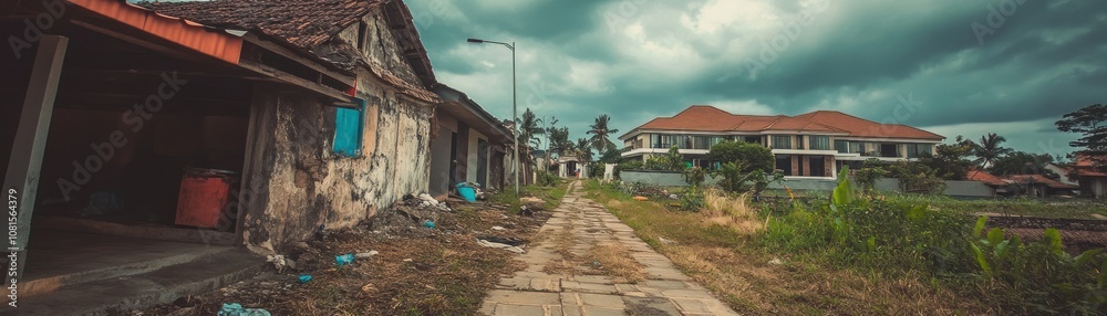 A weathered path lined with buildings under a cloudy sky, showcasing urban decay and nature.