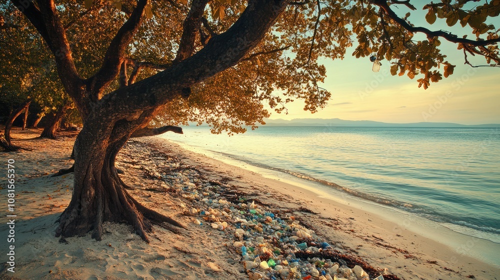 Fototapeta premium A serene beach scene with a tree, showcasing environmental pollution along the shoreline.