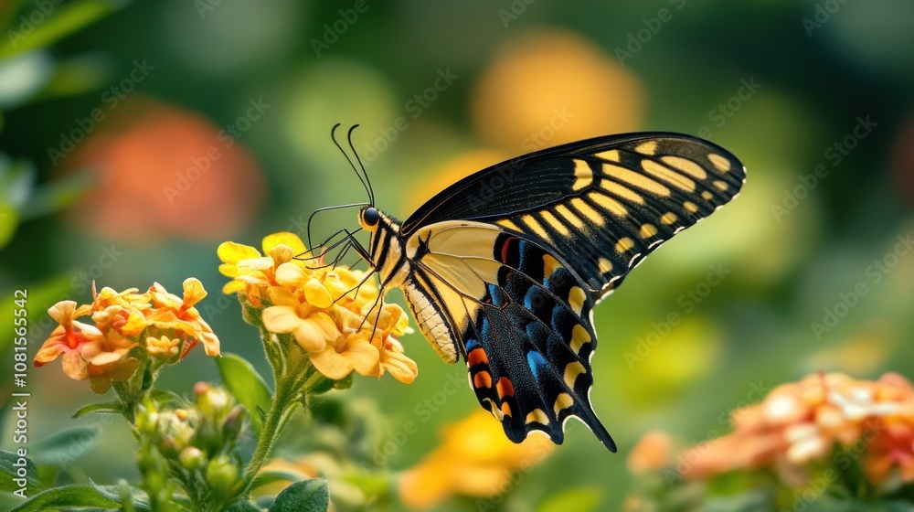Fototapeta premium A black and yellow butterfly with blue and red markings on its wings, feeding on a yellow flower with red and orange blooms behind it.