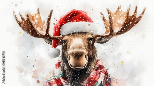 Cheerful moose in watercolor, adorned with a red Santa hat and a checkered scarf, white background, festive holiday theme, soft and detailed brushwork, intricate textures, hd quality,
