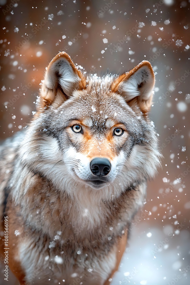 The wolf's thick, fur coat is a beautiful mix of grays and whites, allowing it to blend seamlessly into the snowy winter landscape as it gracefully moves through the forest in search of prey.