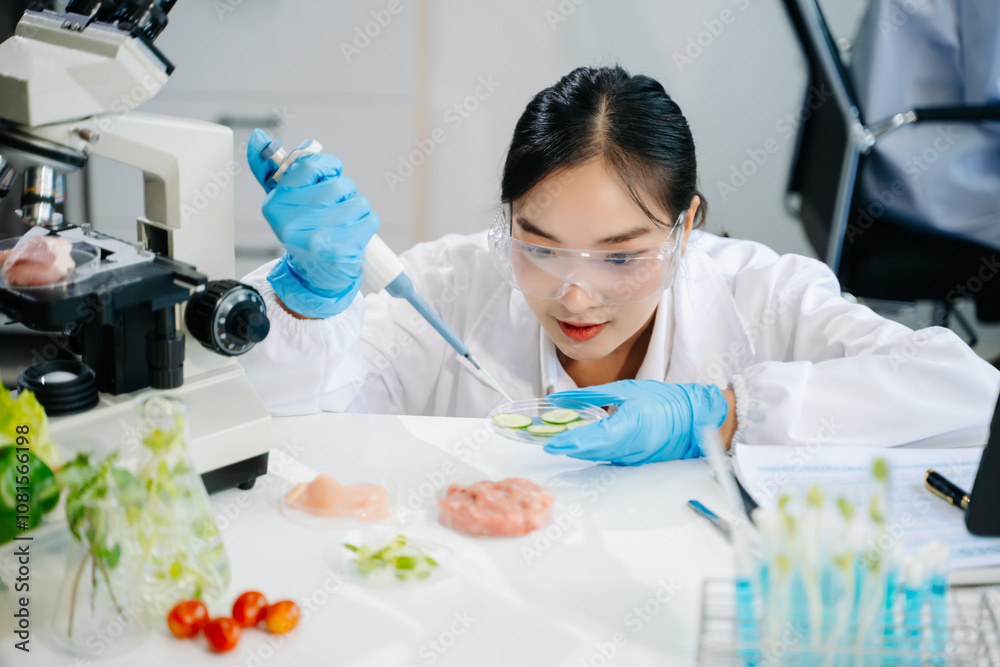 Food scientists in lab coats, testing samples, and analyzing food safety and quality in a laboratory Food scientists in lab coats, testing samples, and analyzing food safety and quality in a laboratory