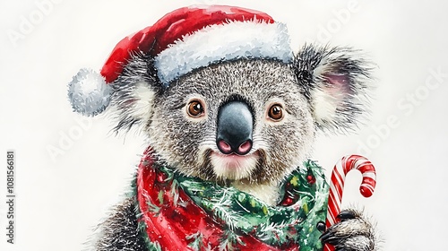 Cute koala in festive attire, wearing a Santa hat and a red and green scarf, holding a candy cane, watercolor style, simple white background, detailed textures, bright holiday colors, hd quality, photo