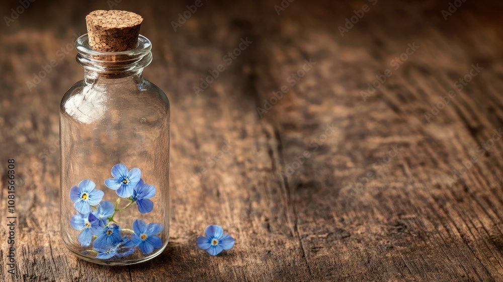 Small glass bottle with blue flowers and cork stopper on wooden surface Small glass bottle with blue flowers and cork stopper on wooden surface