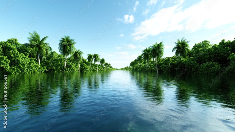 Serene river landscape with lush greenery and palm trees. Serene river landscape with lush greenery and palm trees.