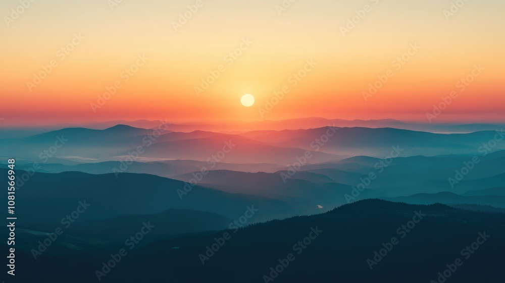 Obraz premium Majestic sunrise over misty mountains showcasing vibrant colors and tranquil beauty