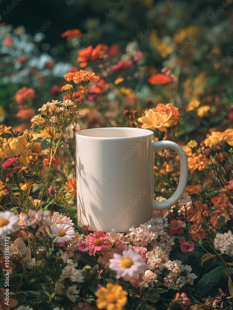 A white mug sits nestled among a field of colorful wildflowers, bathed in warm sunlight. A white mug sits nestled among a field of colorful wildflowers, bathed in warm sunlight.