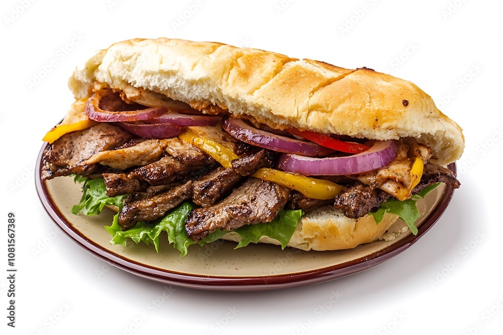 Fajita sandwich on a plate on white background, close up Fajita sandwich on a plate on white background, close up