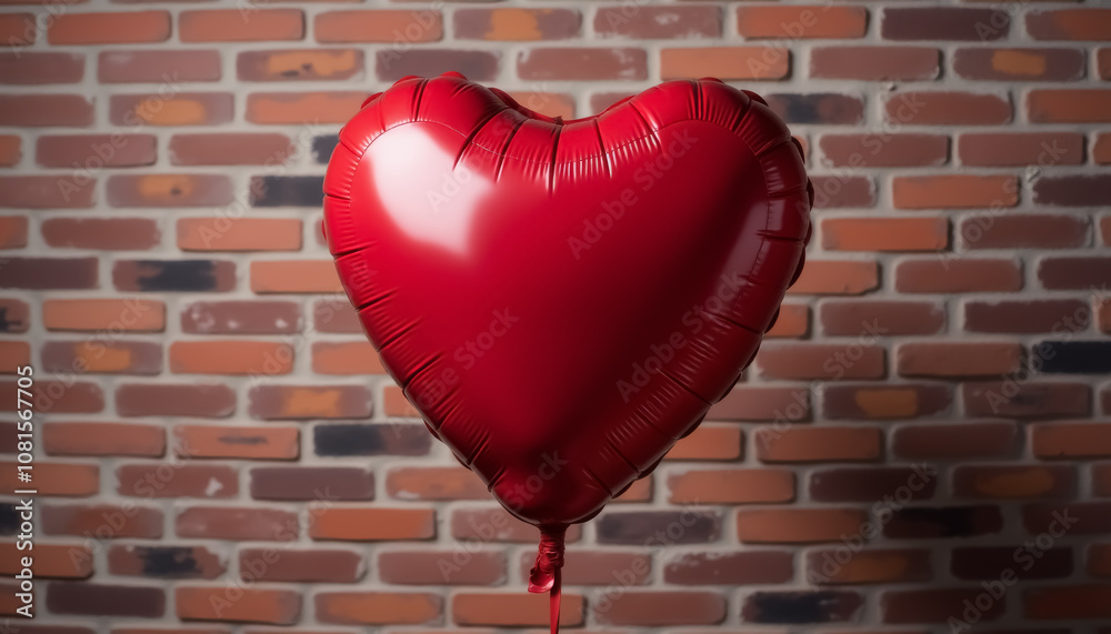 A red heart shaped balloon floating in front of a brick wall background, Valentine's Day card A red heart shaped balloon floating in front of a brick wall background, Valentine's Day card