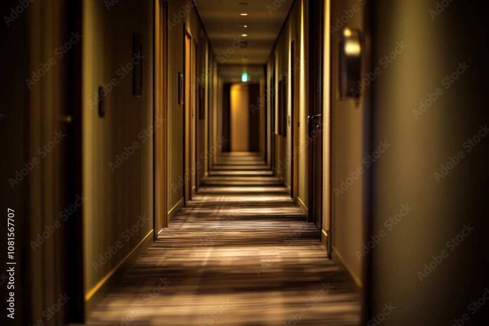 A dimly lit hotel corridor with doors lining the sides, creating a sense of depth. A dimly lit hotel corridor with doors lining the sides, creating a sense of depth.