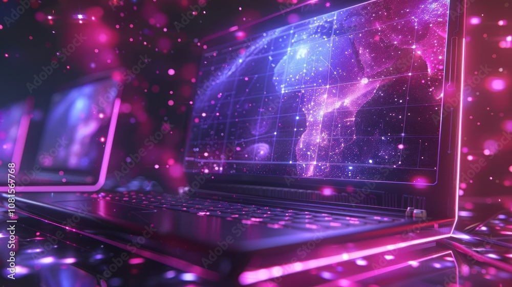 A close-up shot of a laptop with a glowing screen displaying a digital map of the world. The image is lit with pink and purple light. A close-up shot of a laptop with a glowing screen displaying a digital map of the world. The image is lit with pink and purple light.