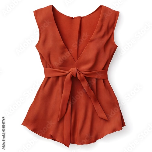 A rust-colored women's top with a deep V-neck and a tied waist.