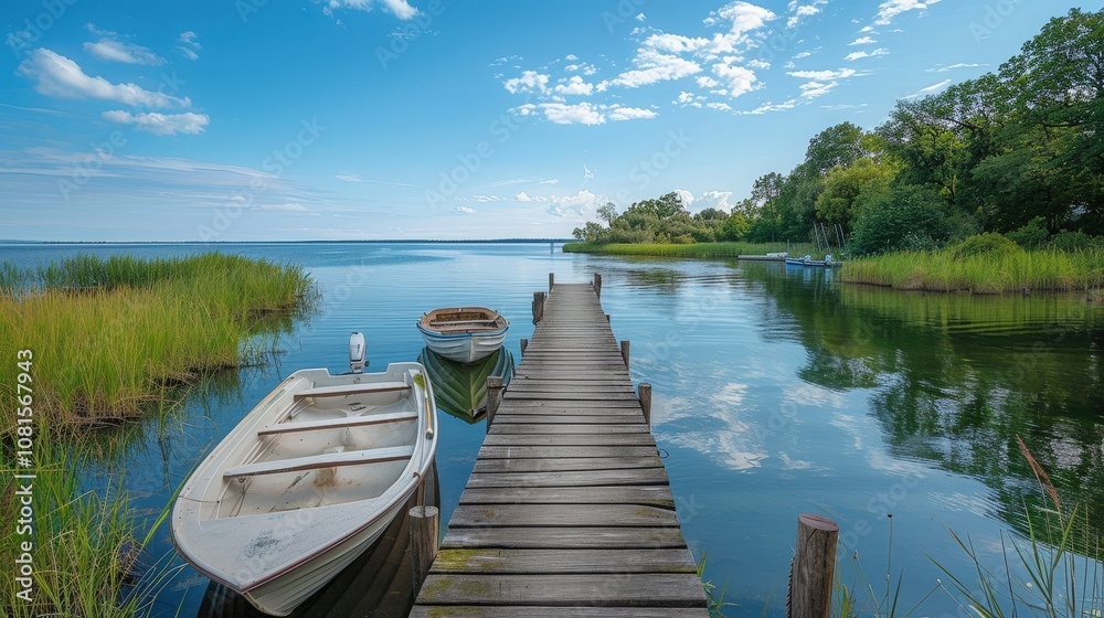Boats Rest on Still Waters Beneath a Bright Blue Sky with Whispers of Clouds Boats Rest on Still Waters Beneath a Bright Blue Sky with Whispers of Clouds