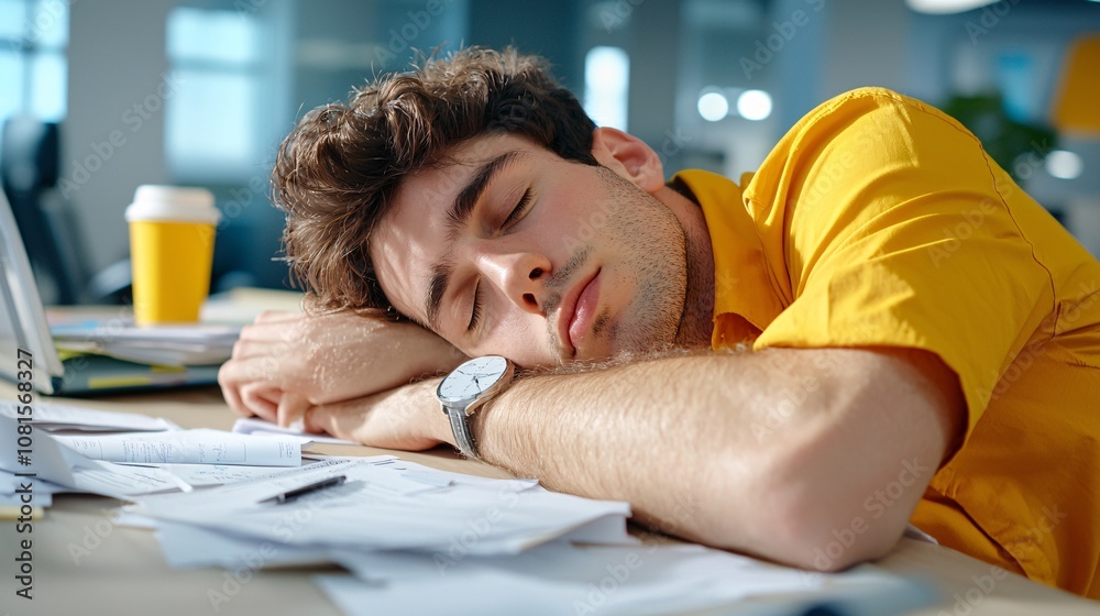 Burn out desk concept.A young man in an orange shirt sleeps at his desk surrounded by paperwork and a coffee cup, depicting fatigue in a work environment. Burn out desk concept.A young man in an orange shirt sleeps at his desk surrounded by paperwork and a coffee cup, depicting fatigue in a work environment.