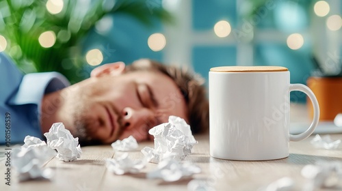 Burn out desk concept.A man appears contemplative while staring at a crumpled paper mess on a table, with an orange coffee mug prominently in focus. photo