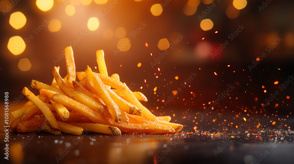 12 Crispy fries piled up, luxury setup with warm lighting, dark background emphasizing ultrarealistic textures 12 Crispy fries piled up, luxury setup with warm lighting, dark background emphasizing ultrarealistic textures