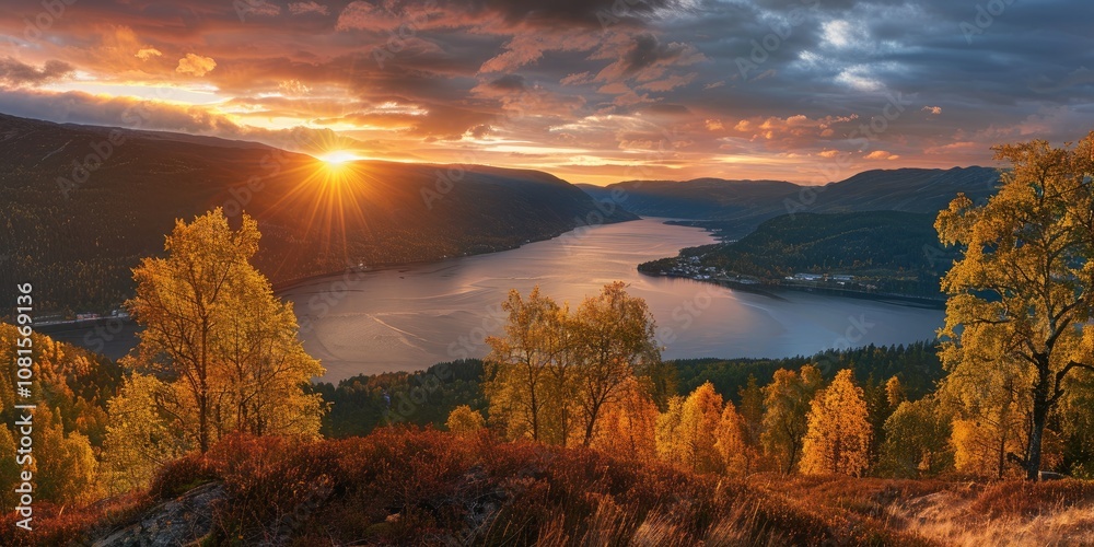 A warm sunset casting orange and pink hues over Norway's autumnal landscape, with golden forests, fjords, and mountains in the distance. A warm sunset casting orange and pink hues over Norway's autumnal landscape, with golden forests, fjords, and mountains in the distance.