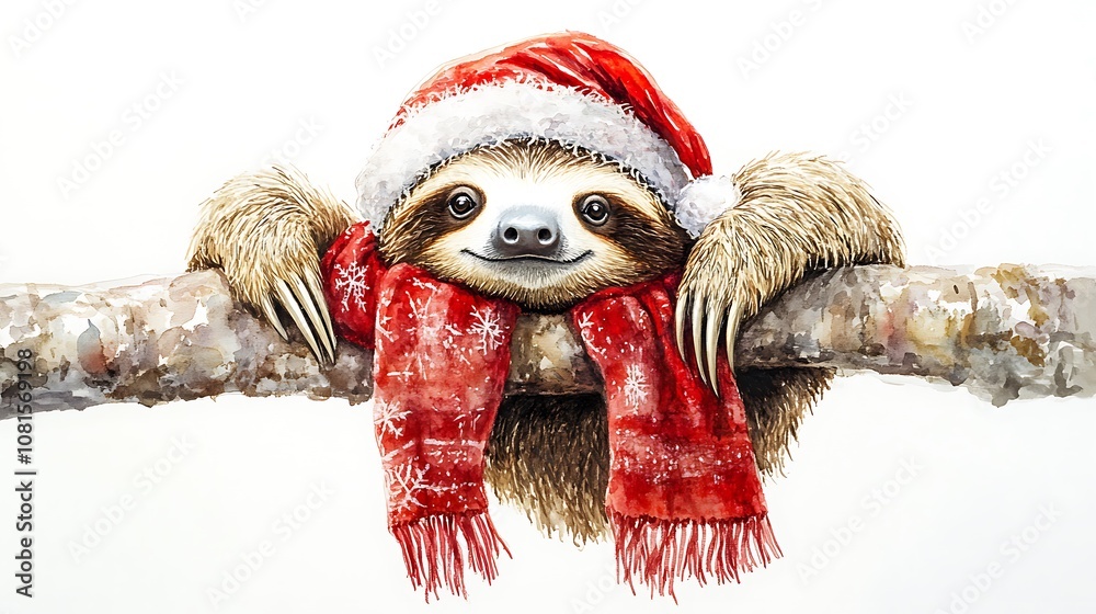 Festive sloth hanging from a branch, dressed in a Santa hat and a cozy red scarf, watercolor painting, white background, relaxed and sleepy pose, intricate brush details, holiday-themed, Festive sloth hanging from a branch, dressed in a Santa hat and a cozy red scarf, watercolor painting, white background, relaxed and sleepy pose, intricate brush details, holiday-themed,