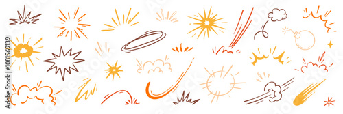 Comic cartoon boom speed effect, explosive motion line element set. Comic boom burst, explosive smoke, line speed cartoon vector icon. Hand drawn sketch doodle action effect. Vector illustration..