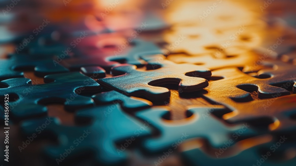 Close-up of puzzle pieces reflecting warm lighting on table