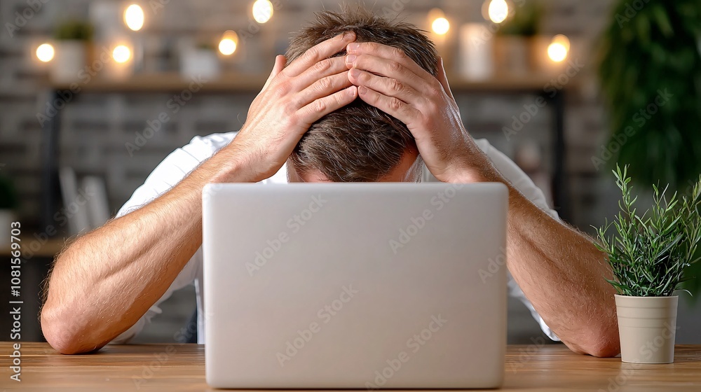 Burn out desk concept. A person displays frustration while sitting at a laptop, indicating stress or anxiety in a work or study environment.
