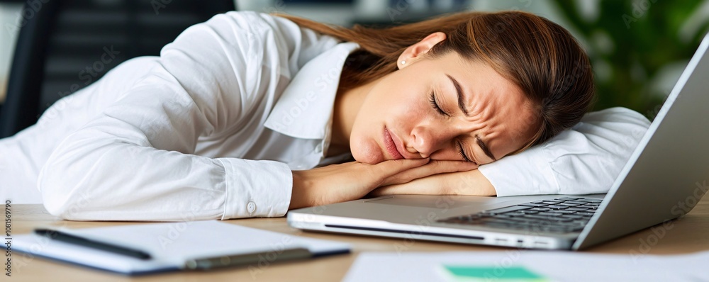 Burn out desk concept. A tired woman rests her head on her laptop, illustrating fatigue and stress in a work environment. Burn out desk concept. A tired woman rests her head on her laptop, illustrating fatigue and stress in a work environment.