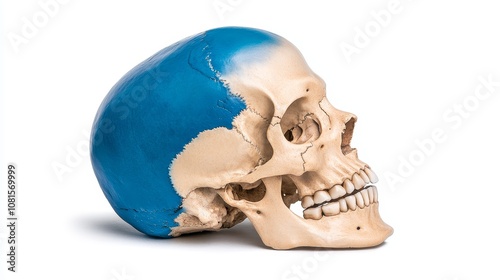 Human Skull Model Anatomy Study Medical Science Education Bone Teeth Blue Highlight Cranium Side photo