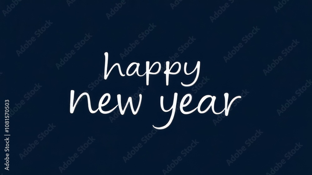 Fototapeta premium White handwriting thin letters Happy new year over empty dark blue background. Cursive text for celebrating the new year. Festive minimalistic horizontal banner with lettering.