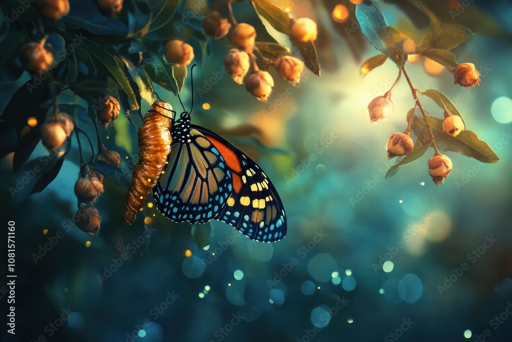 A monarch butterfly emerges from its chrysalis, its wings still damp and delicate, hanging on a branch with a soft, ethereal glow. A monarch butterfly emerges from its chrysalis, its wings still damp and delicate, hanging on a branch with a soft, ethereal glow.