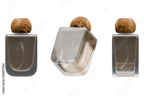 Elegant and Transparent perfume bottle with wooden cap mockup in different views