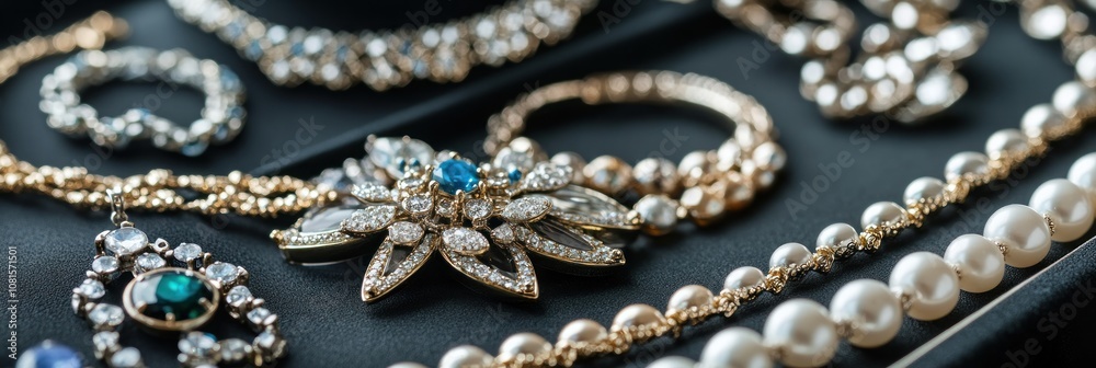 A collection of elegant jewelry pieces featuring pearls and gemstones. A collection of elegant jewelry pieces featuring pearls and gemstones.